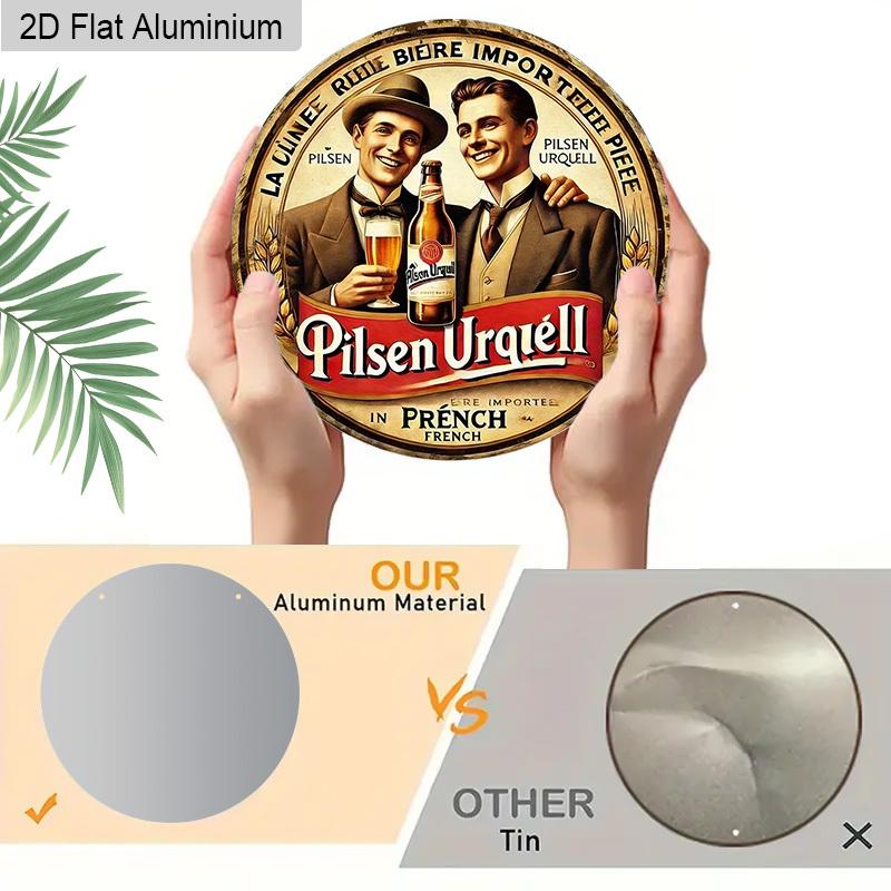 2D Flat Aluminum Retro Round Metal Sign Pilsner Urquell Beer Advertisement, Vintage Wall Art Decor with Hanging Rope, Rustic Chic Decoration for Home