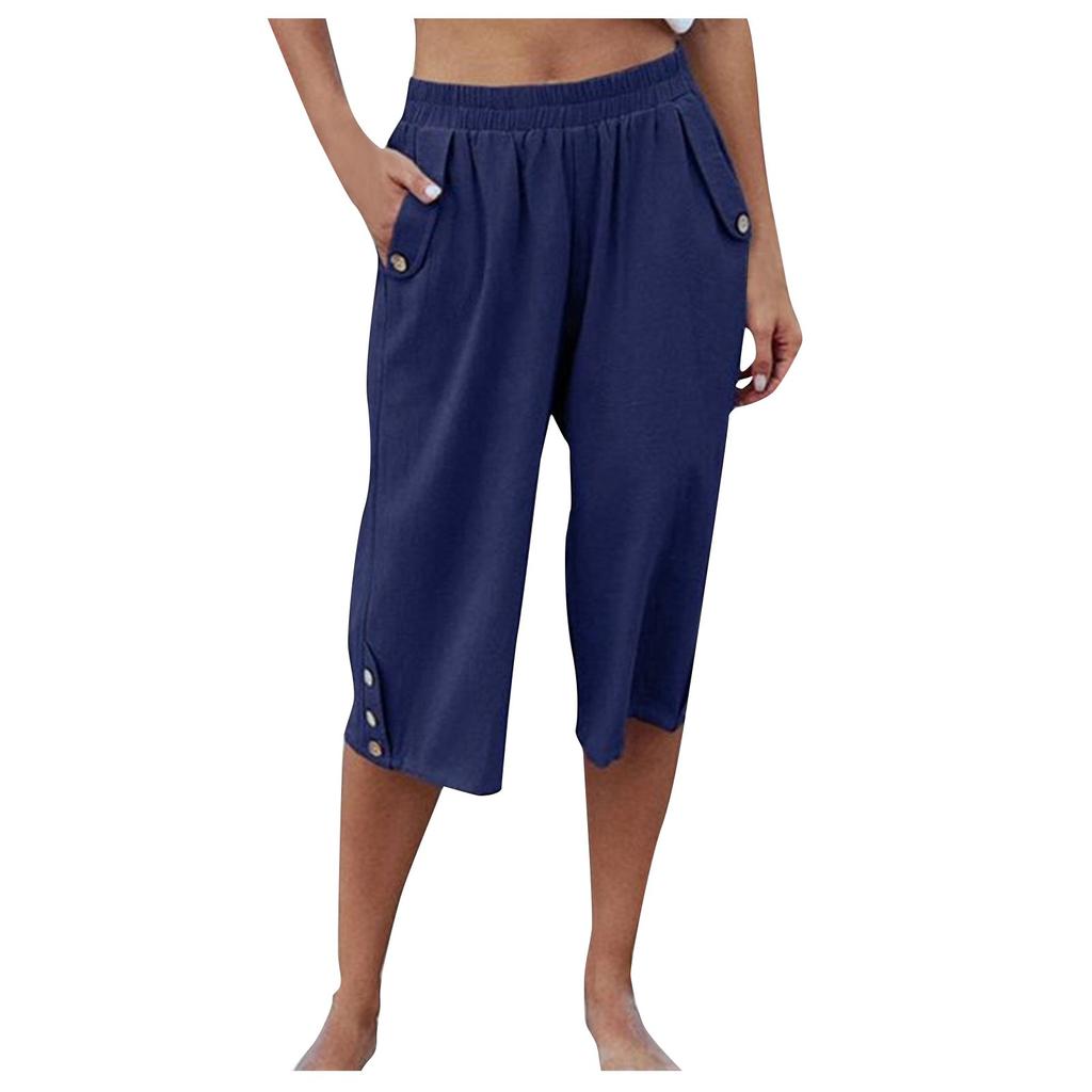 Linen Pants For Women Casual Color Pants Color 3/4 Trousers High Waisted With Pocket