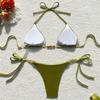 Sexy Green Velvet Beads Bikinis Sets Two Pieces Halter Thong Tie Plain Swimsuits Beachwear Bathing Suit Swimwear Biquini Tankini