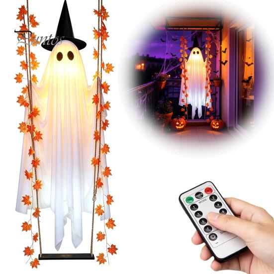 Autumn Maple Leaf Accents Hanging Swing Ghost Halloween Decoration with Leaf, Light Up Ornament Seasonal Manor Window Decor Height Adjustable