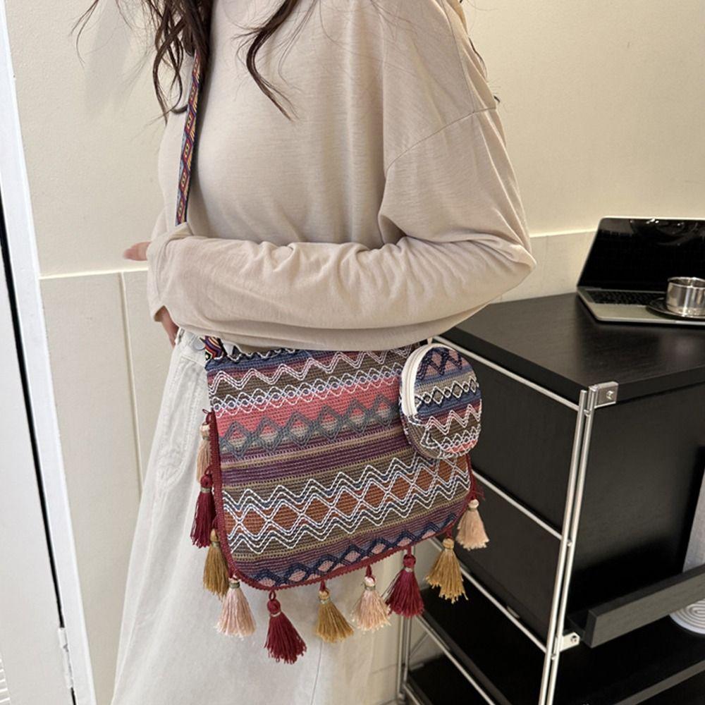 Woven Bag Ethnic Style Crossbody Bags Tassel Bohemian Shoulder Bag Fringe Shoulder Bag  Outdoor