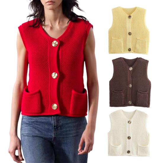 Women Knitting Vest V-Neck Sleeveless Single-Breasted Pocketed Knitting Waistcoat Versatile Solid Color Knitwear