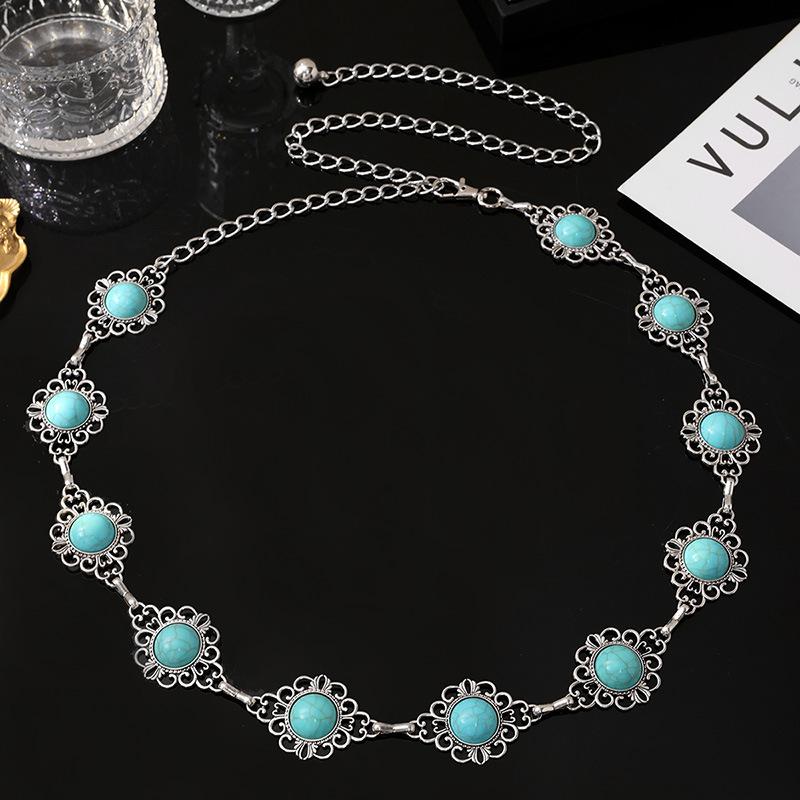 New Retro Turquoise Bohemian Metal Waist Chain for Women, Elegant, Exquisite and Fashionable Waist Chain Belt