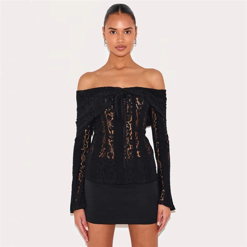 

New Lace Top Women pullovers 2025 Lace Long Sleeves Turtleneck Sexy Casual Basic Blouse Woman T Shirt Thin Solid Color Tops L чорний