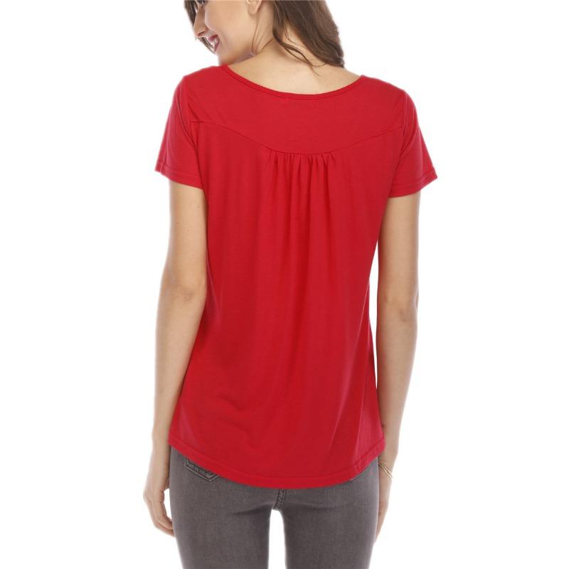 Women Multicolor V Neck Button Decor Short Sleeve Pleated Loose Tunic Blouse