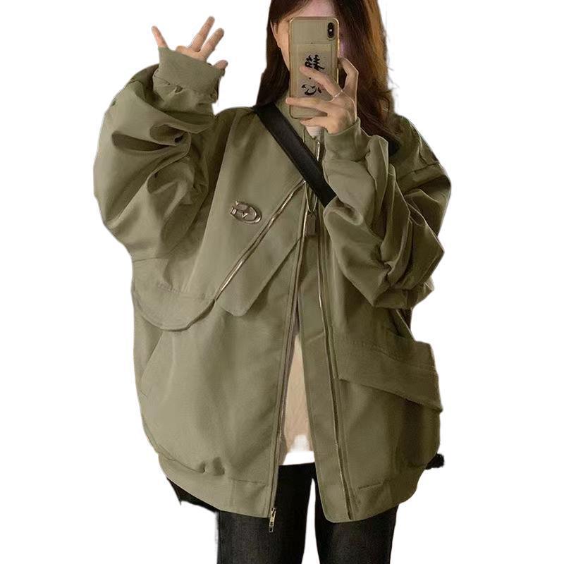 Women's Loose Irregular Flight Jacket - American High Street Style, Spring & Autumn Neutral Workwear Baseball Jacket.