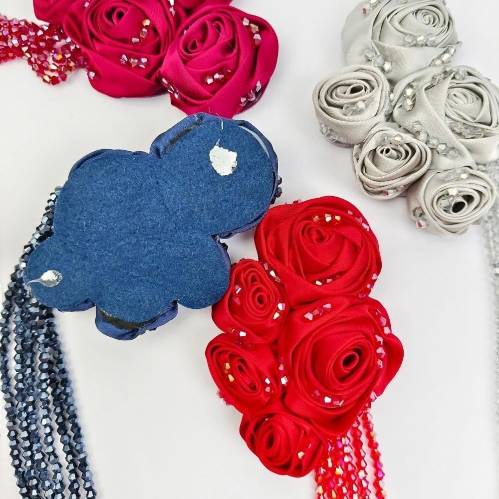 Tassel Details Fabric Flower Appliques Satin Material Hand-Sewn Embellishments  For Brooch