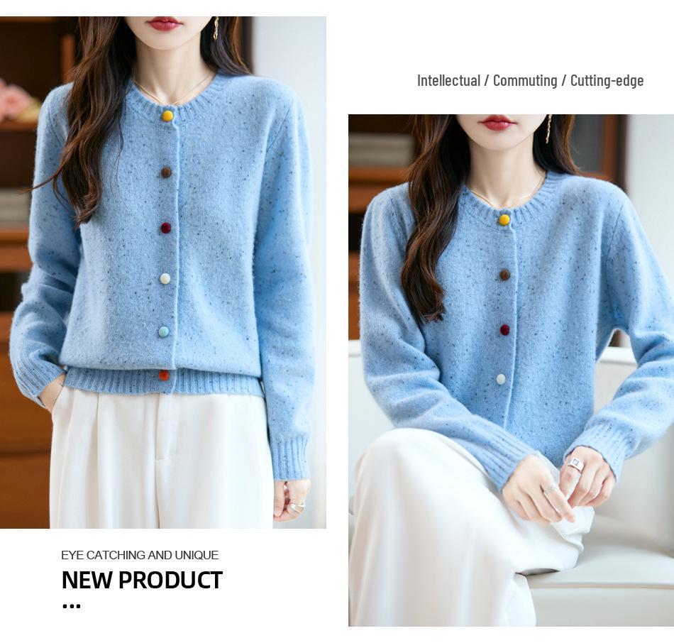 Women's Heavyweight Wool Cardigan with Colorful Buttons and Dot Yarn - Warm Autumn Winter Outerwear Sweater Coat