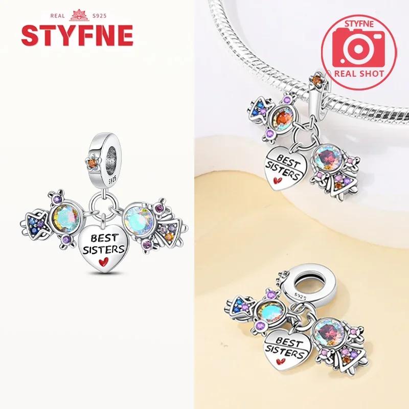 925 Silver Sisters On Swing Heart Charm Beads DIY Bracelet Fine Jewelry Gift for Women Sister Forever