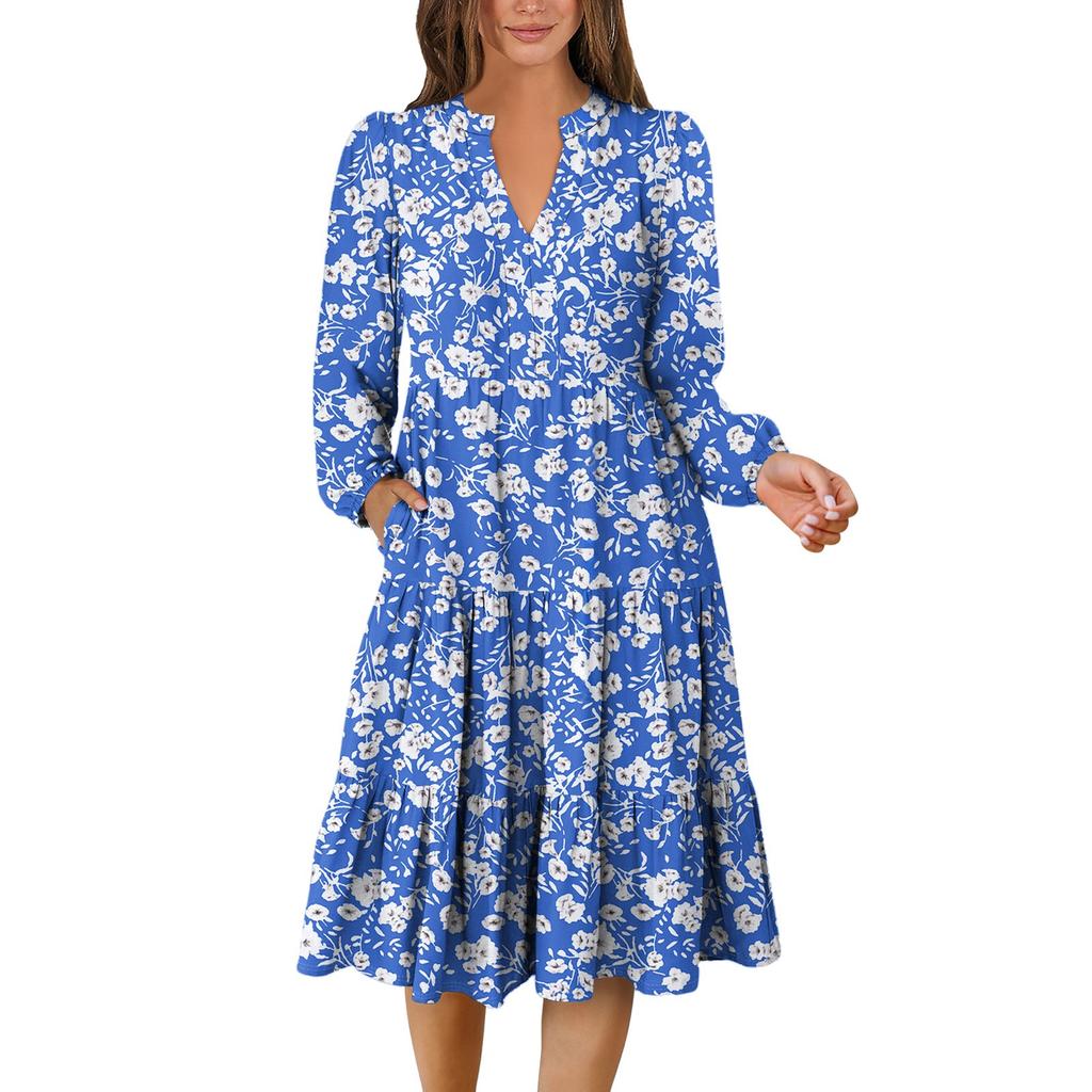 Women's V-Neck Flowing Layered Bohemian Long Sleeve Floral Print Dress