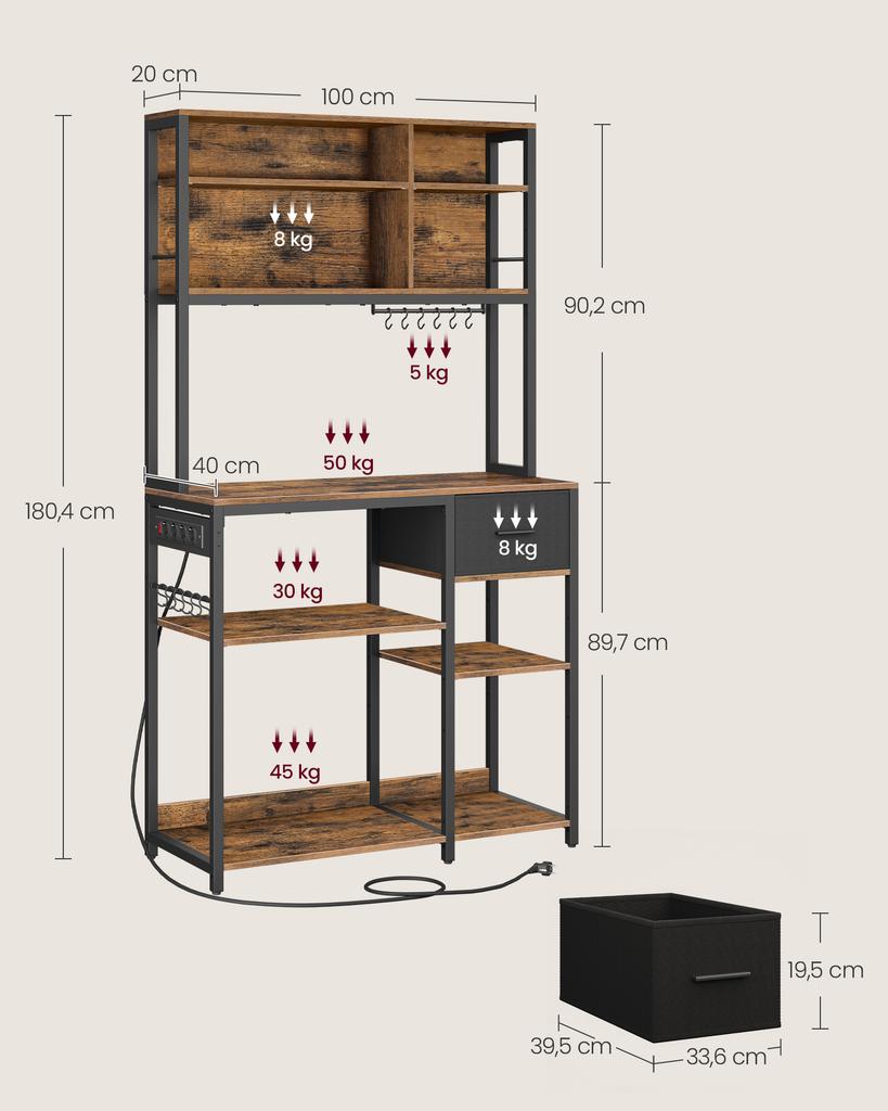 VASAGLE Kitchen Shelf with Power Strip, Coffee Bar with Adjustable Shelves, Fabric Drawer, 12 Hooks, 40 X 100 X 180.2 Cm, Microwave Stand