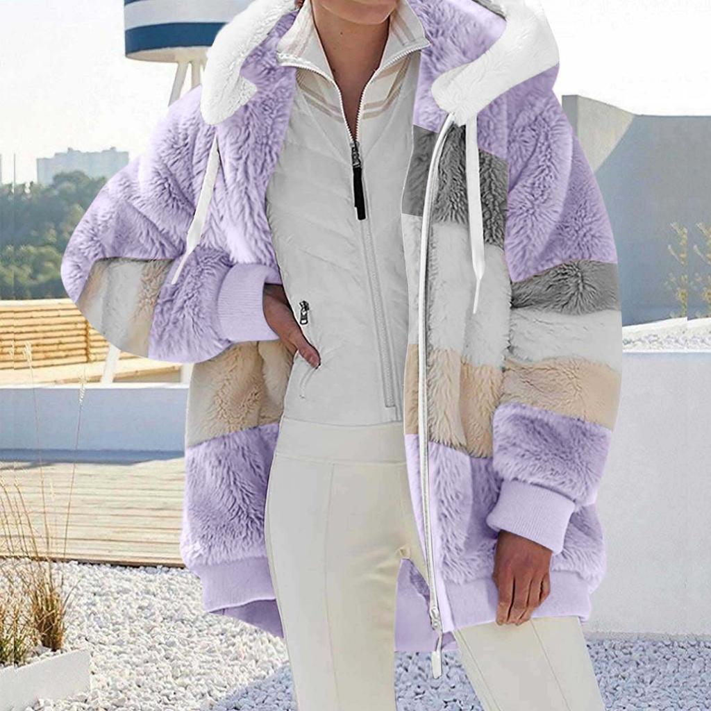 Women's Fashionable Plush Patchwork Zipper Pocket Hooded Long Sleeved Loose Warm Jacket