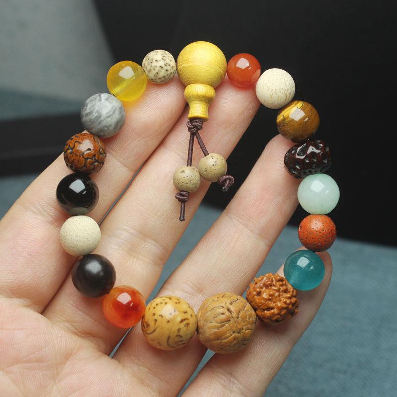 Traditional Chinese 18 Bodhi Seeds Mala Bracelet, Lingyin Style Multi-Treasure Prayer Beads for Couples