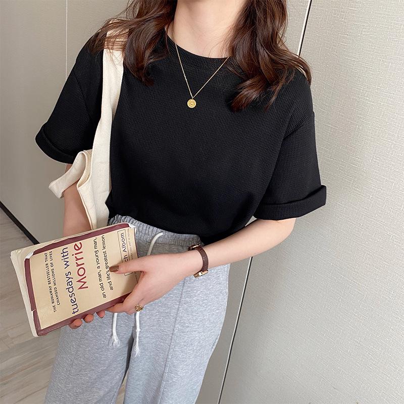 Жіноча вафельна футболка з рукавом до ліктя однотонна - Літня вільного крою