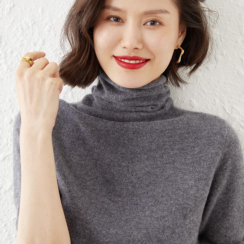 Women's High-Neck Solid Color Woolen Sweater - Slim Fit Knit Pullover for Autumn/Winter