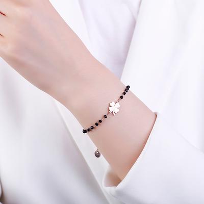 Rose Gold Clover Stainless Steel Charm Bracelets Women's Black Crystal Beads Chain Bracelet Fashion Jewelr Joyas De Mujer