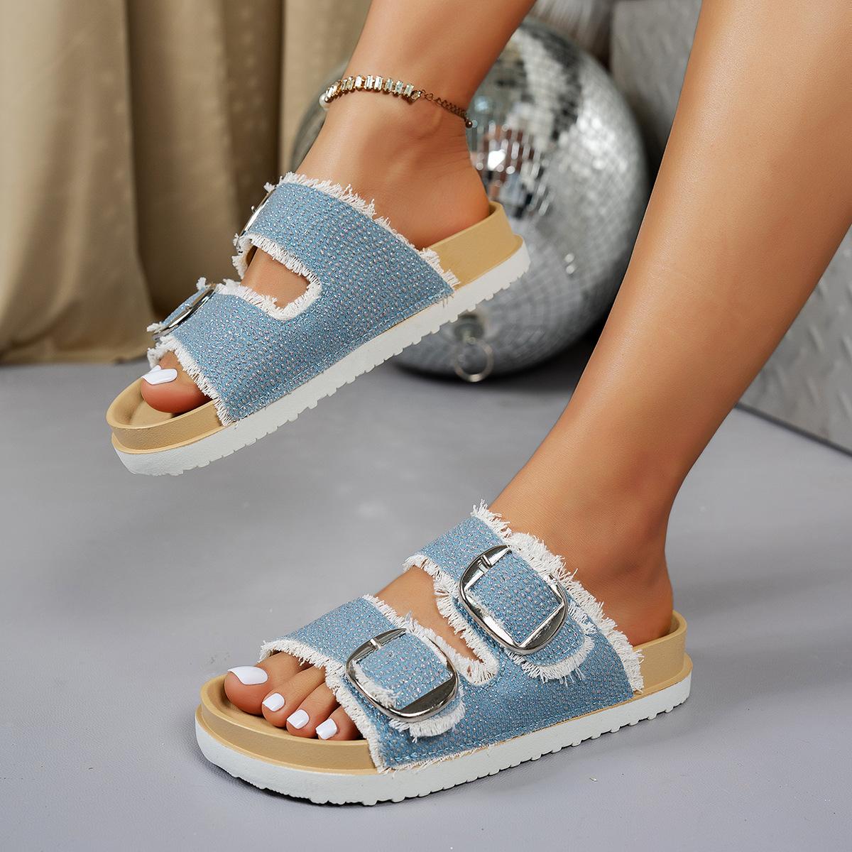 

Новые летние сандалии женские больших размеров джинсовые с пряжкой для улицы шлепанцы на толстой подошве могут быть 39 светло-синий