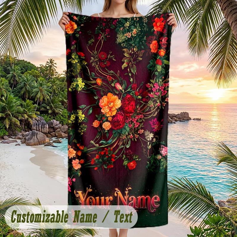 Floral Theme Beach Towel Personalized Custom Name & Text Soft Quick Dry Beach Towel for Swimming Travel