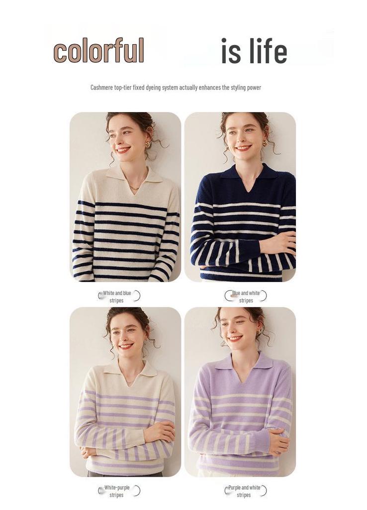 Women's Fashionable Striped Cashmere Knit Base Layer Top - Long Sleeve, Polo Collar, Soft, and Skin-Friendly.
