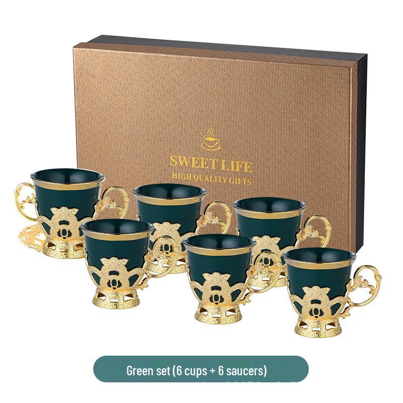 

European Gold Rimmed Coffee Cup & Saucer Set - 6 Pieces, Electroplated, Gift Box Included зелений