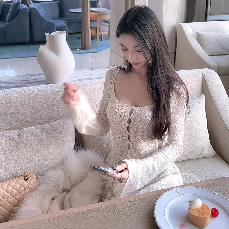 French Lace Hollow Long Sleeve Dress For Ladies Autumn Winter Chic Aline Short Skirt