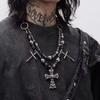 Gothic Punk Skull Cross Pendant Necklace With Rivets Beads Alloy Chain Men Women Dark Style Statement Jewelry
