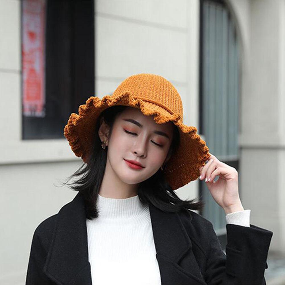 Lady Autumn Winter Chenille Fisherman Hat Solid Color Bowknot Wild Pleated Sunshade Retro Hat