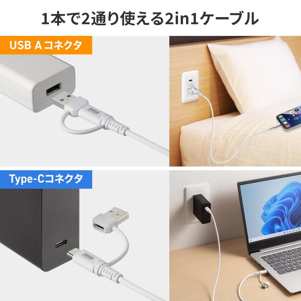 Sanwa Supply USB-Kabel C auf A Konvertierung 2.0 Typ-C (mit Adapter, PD60W, Weiß) KU-CCP60ACC10W