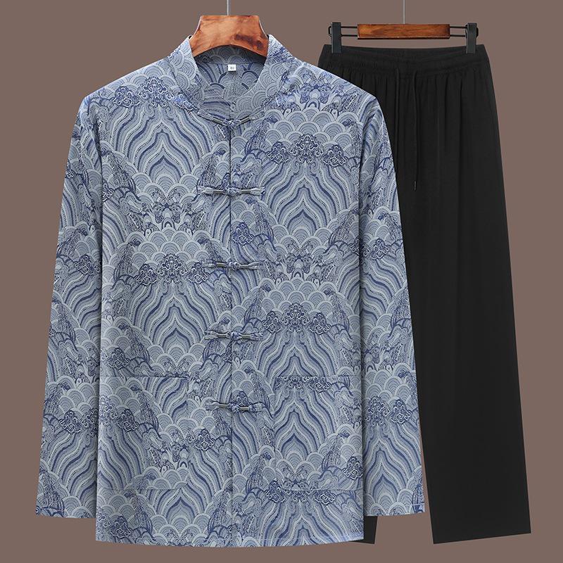 Summer Cross-Border Tang Suit Set: Lightweight Long Sleeve & Pants for Middle-Aged and Elderly Men