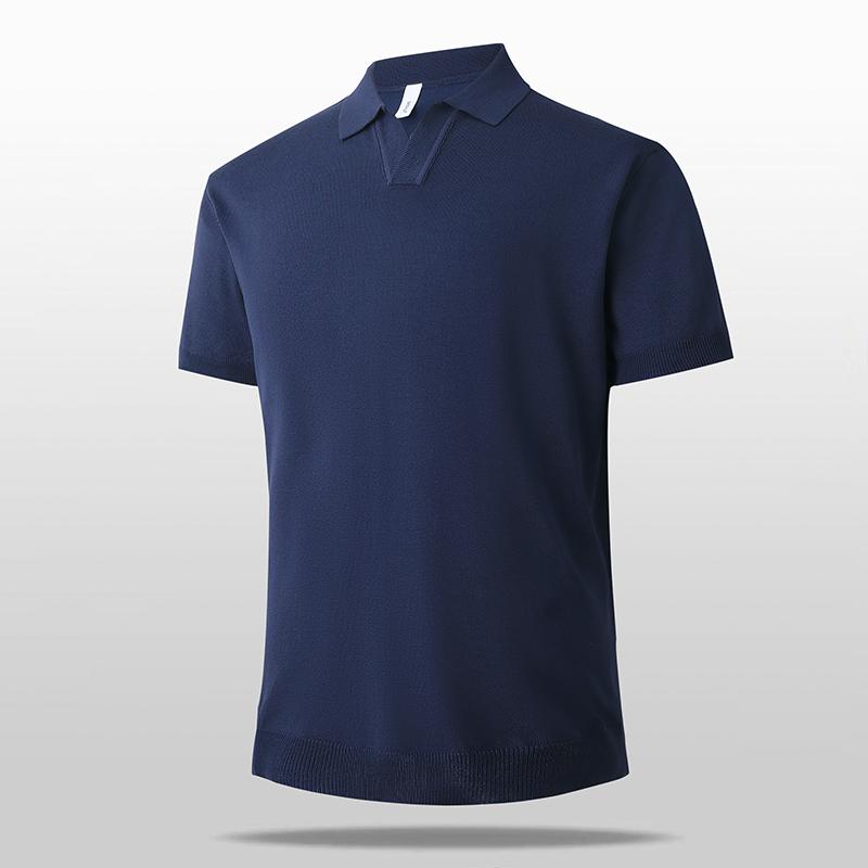 Men's V-shaped Lapel Ice Silk Knitted Short-sleeved Polo Shirt Commuter Shoulder Polo Shirt T-shirt