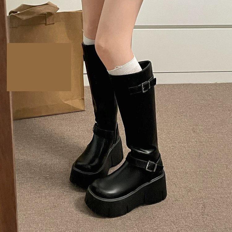New French black platform boots autumn retro small fat mm thin and heightened knight boots