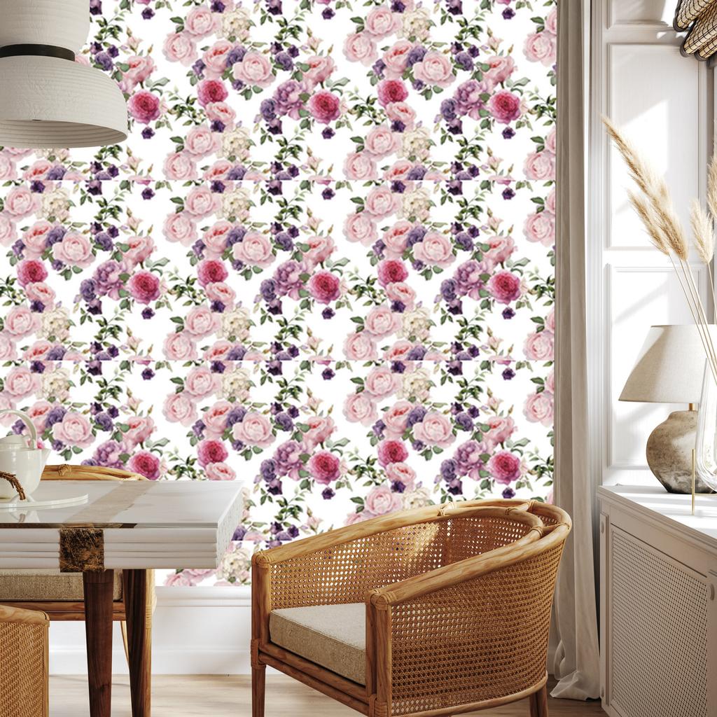 Wallpaper Flowers pattern with roses in watercolor style for living room and bedroom 50x1000