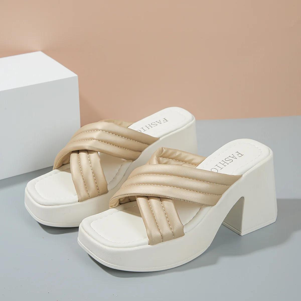 

Повседневные тапочки-кроссоверы на высоком каблуке для женщин, летняя новая верхняя одежда, толстый каблук, толстая подошва, однотонные пуловеры 42 золотистый