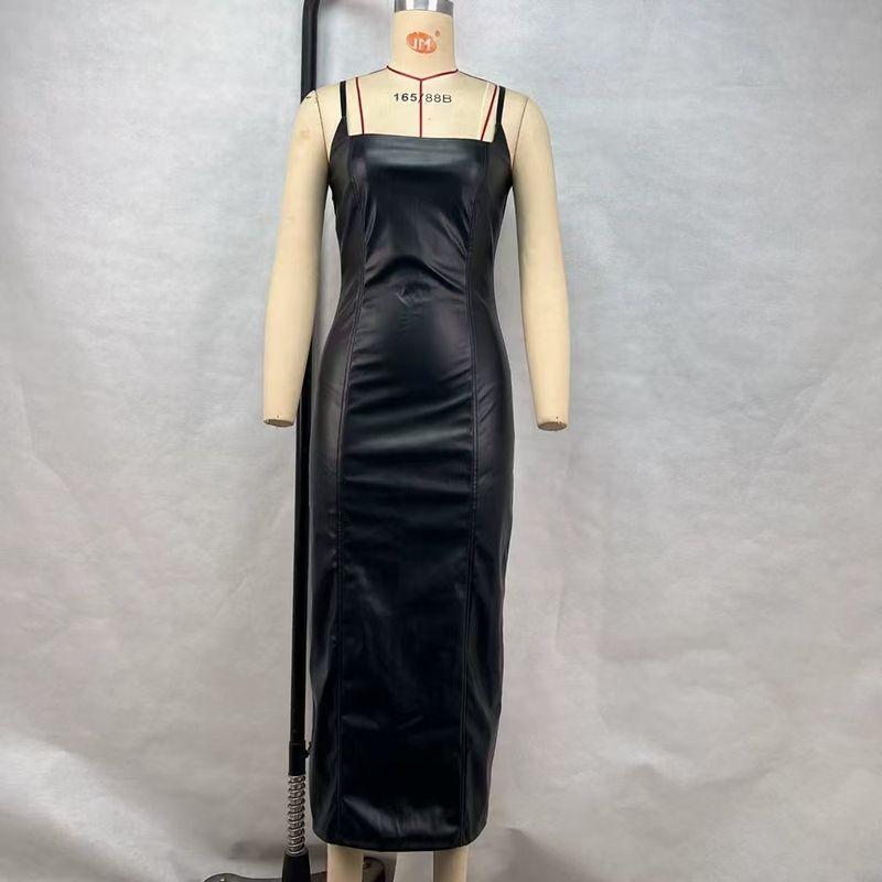 

Fashion Wind Sexy Sling Pu Tube Top Bodycon Dress Silm Dress Sexy Pu Backless Dress Black S