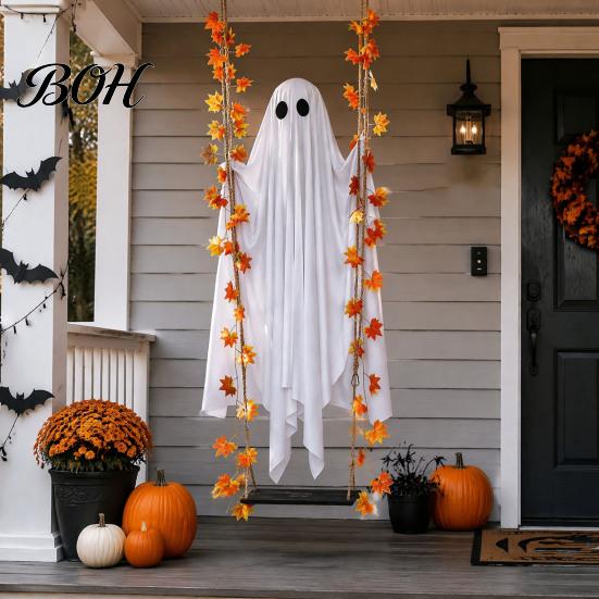 Fantasma di Tessuto Realistico Luminoso Appeso Oscillante Decorazione di Halloween con Telecomando, Grande Bianco Spettrale Ornamento Decorazione Giardino Esterno Foglie d'Acero