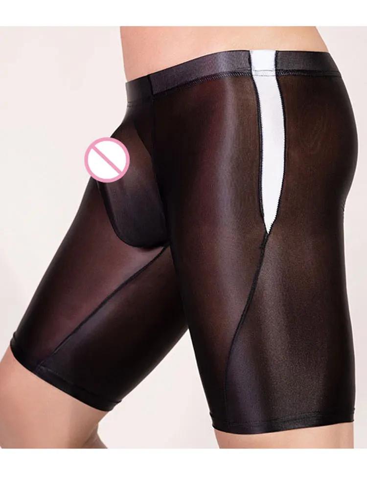 Sexy Oil Shiny Smooth Shorts For Men Bulge Pouch Shapewear High Elastic Sheer Transparent Boxer Gym Man Clothing Leggings Slim