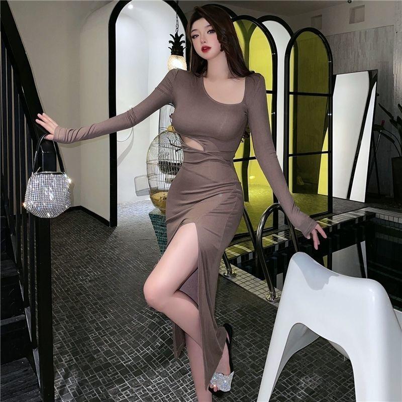 Bodycon Wrap Slim Split Dress Women Office Ladies Hollow Out Design Black Dresses Outfits Y2k Korean Fashion New In