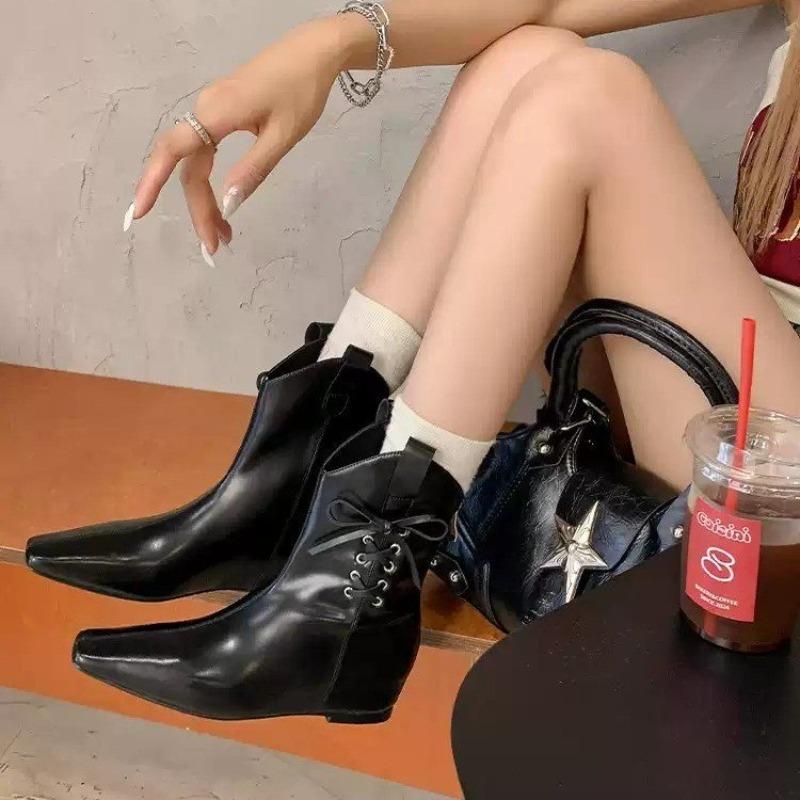 Fall New Inner Increase Single Heel Boots Women's Square Head Sleeve Rivet Butterfly Knot Comfortable Short Boots