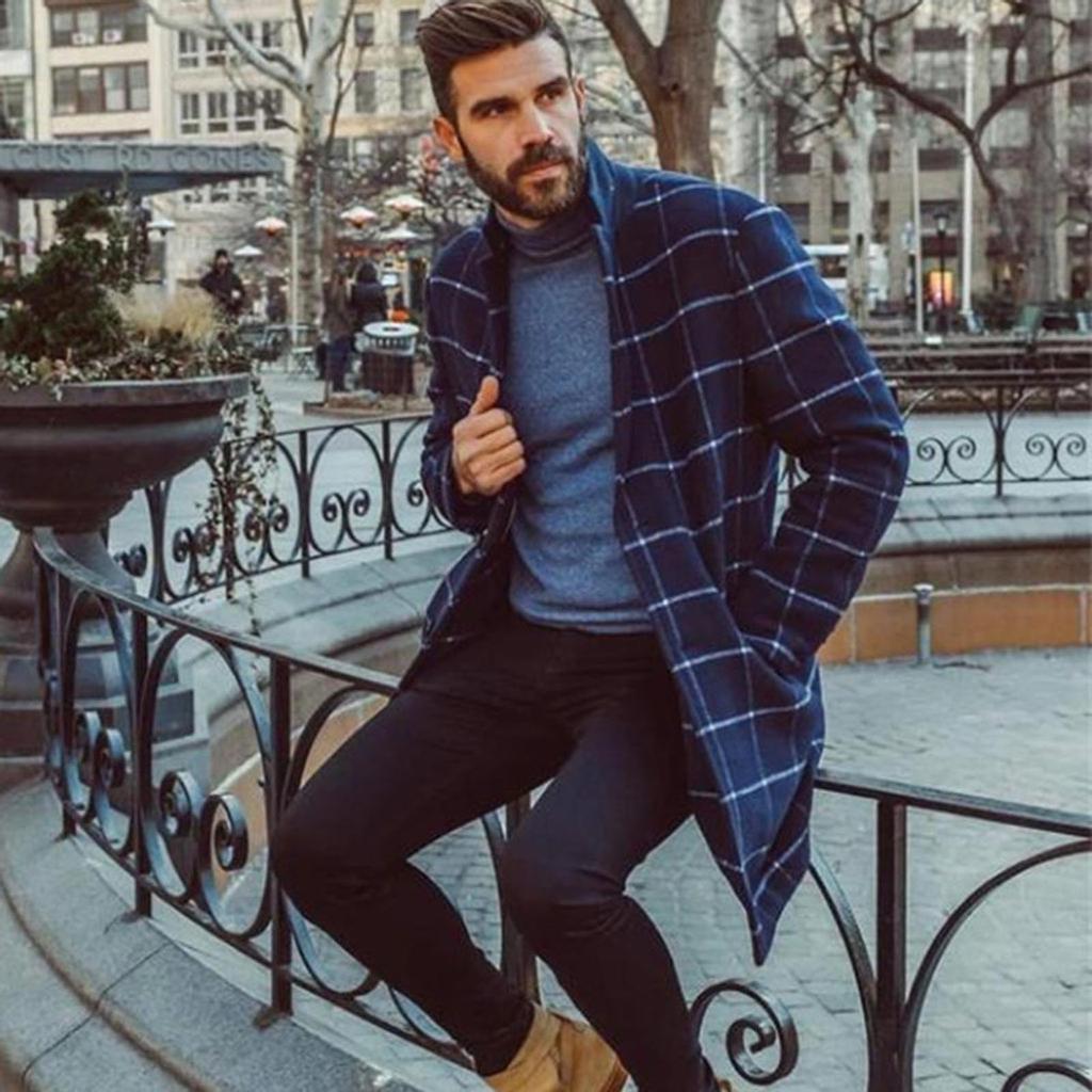 Winter Fashion Men's Solid Color Slim Long Single-breasted Woolen Trench Coat