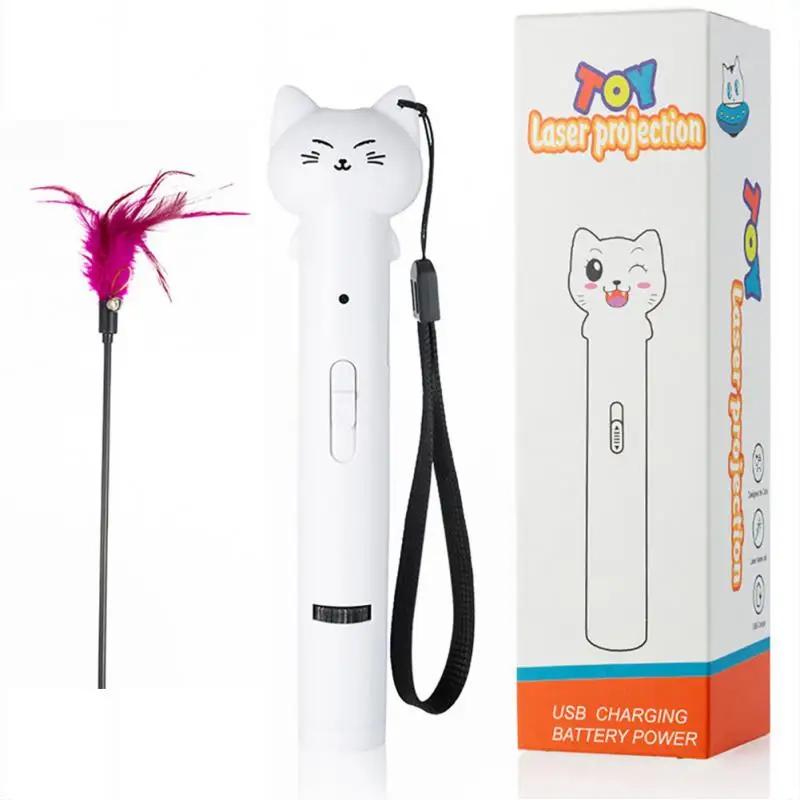 1pc Funny Pet Cat Pen Laser Multifunction USB Multi-pattern Projection Three-in-one Laser Toy Feather Stick Animal Toys