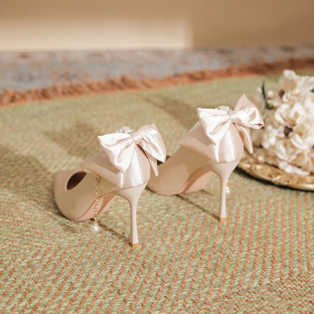 Fashion High Heels for Women Thin Heel Pointed Toe Straight Pearl Buckle with Bow Silk Fabricplus Size Women's Shoes Pumps White Heels