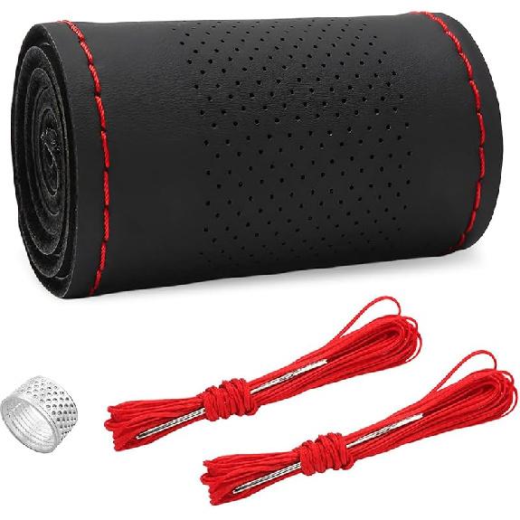 Ziciner Genuine Leather Steering Wheel Cover, Stitch On Wrap, Breathable Anti-Slip Car Steering Wheel Protector For Max Diameter 15 Inch, DIY Sewing