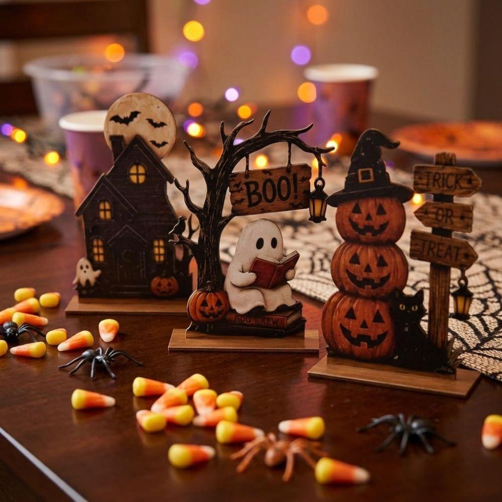 Vintage Halloween Wooden Tabletop Sign Trick or Treat Haunted House Statue  Shelf Decor