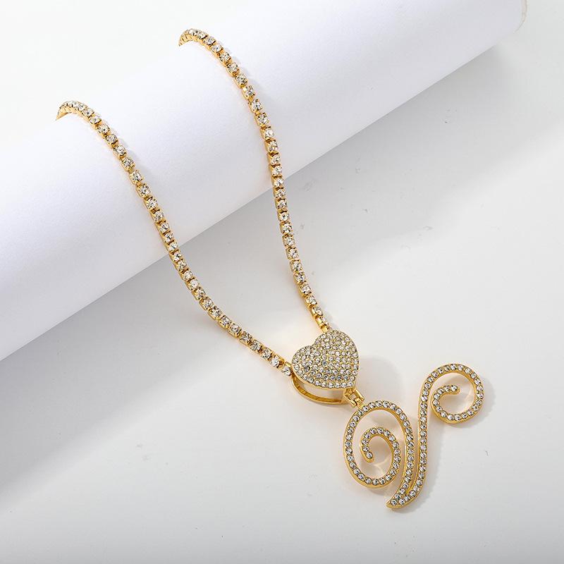 26 Flower Letter Necklace: Hip Hop Heart Pendant with Full Diamond Inlaid Tennis Chain for Women