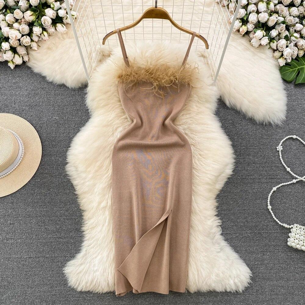 RUGOD France Sexy Knitted Club Dress Women Sleeveless Split Sundress Vintage Short Dress Feathers Montage Green Slim Dress