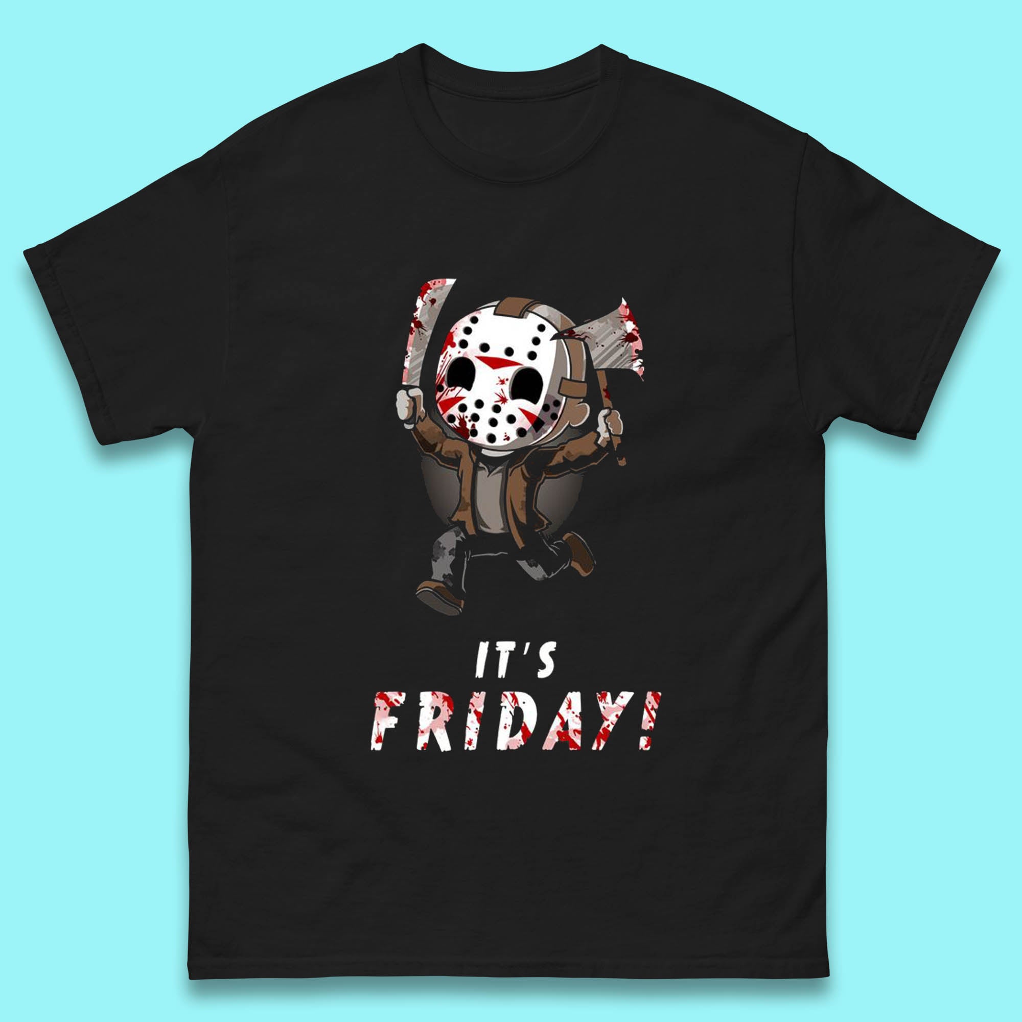 It s Friday Chibi Jason Voorhees Holding Bloody Knife & Bloody Axe Halloween Friday The 13th Horror Movie Mens Tee Top L