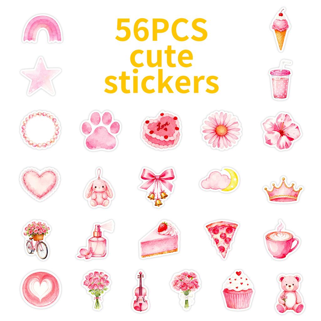56 Watercolor Pink Cartoon Graffiti Stickers Girl Heart Account Notebook Decorative Material Stickers
