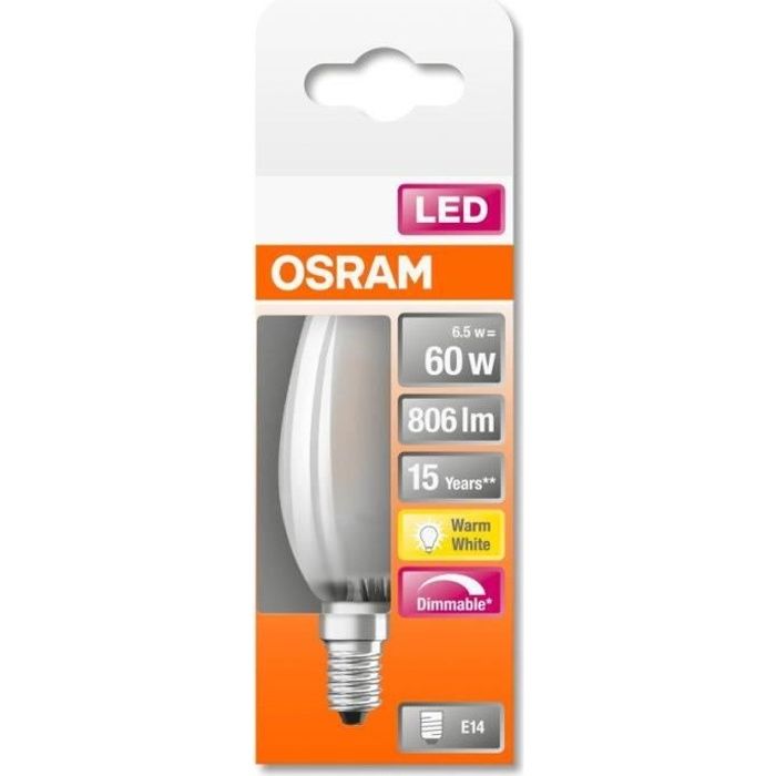 OSRAM Ampoule LED Flamme Verre Dépoli Variable 6,5W=60 E14 Chaud