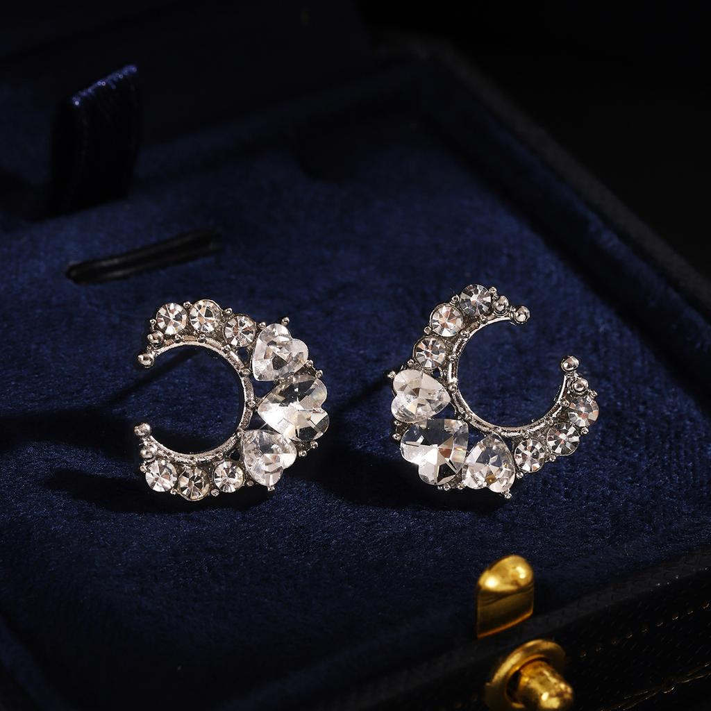 Super Flash Light Luxury High-End Sense Exquisite Diamond Earrings, Simple Design Sense Moon Love Full Of Diamond Earrings Women