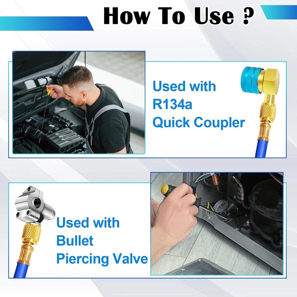 R134A Refrigerator Freon Recharge Hose Kit-R134a AC Refrigerant Charging Guage Hose Set with BPV31 Bullet Piercing Tap Valve and R134a Self-Sealing